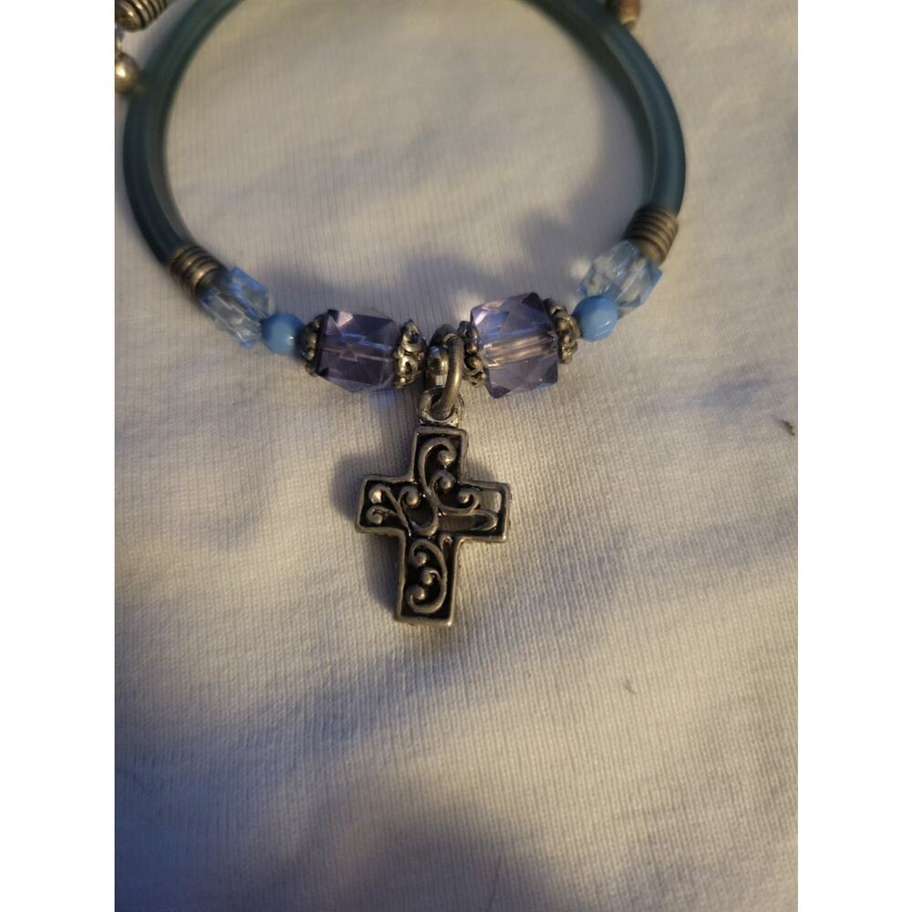 Cross Bracelet Brushed Silver-Tone blue purple beads flex strap slip on - Picture 3 of 5